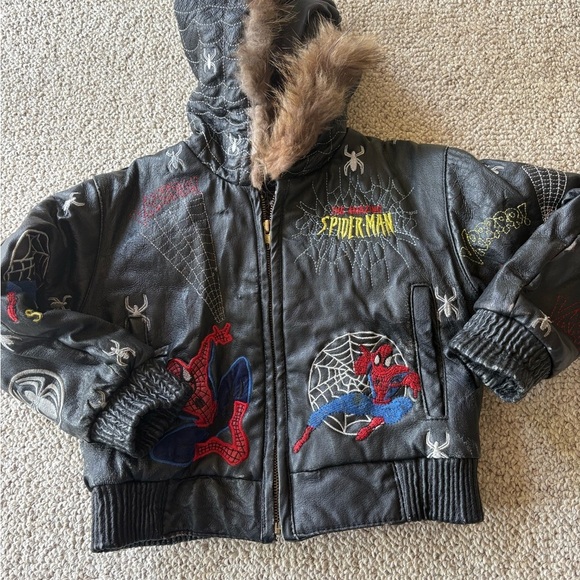 RARE Leather  Spiderman Kids Jacket - Black with Red and Blue Accents - Picture 1 of 15
